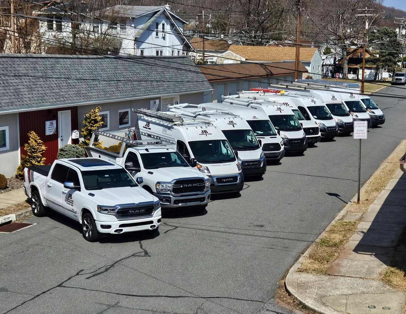 Aerial view of the JB Plumbing HVAC truck fleet serving Berks County, Montgomery County, and Chester County PA