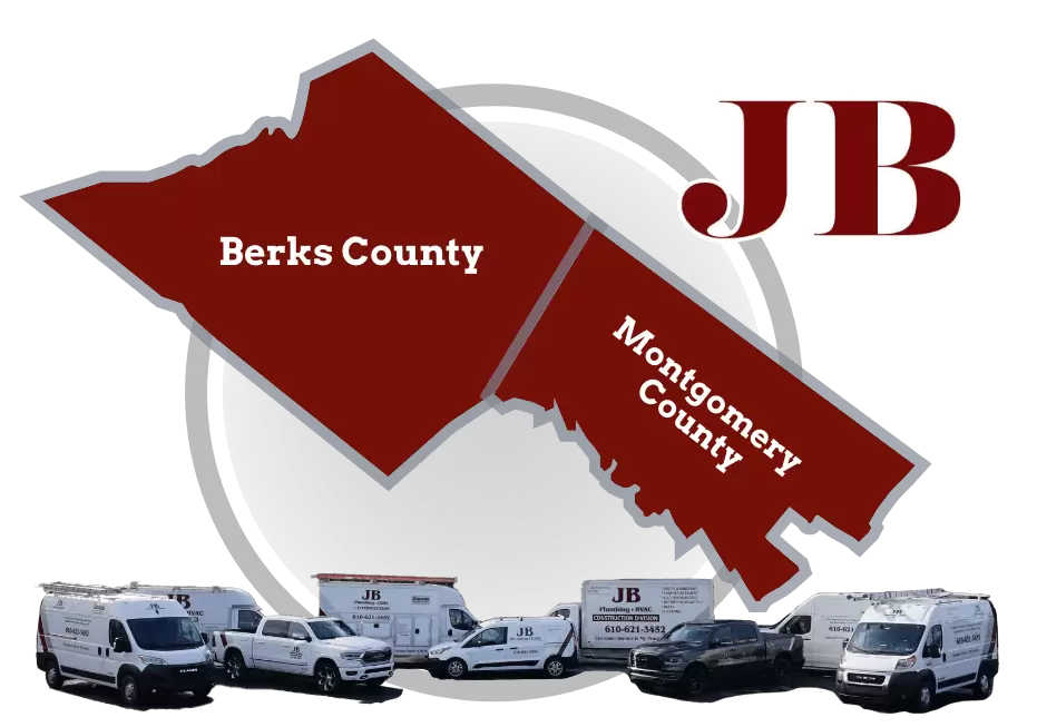 JB Plumbing HVAC & Construction service area covering Berks County and Montgomery County, Pennsylvania