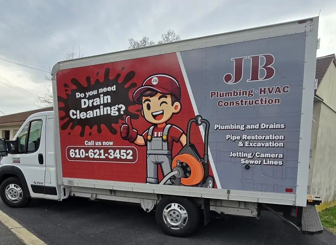 JB Plumbing HVAC drain cleaning truck dispatched on a plumbing maintenance visit