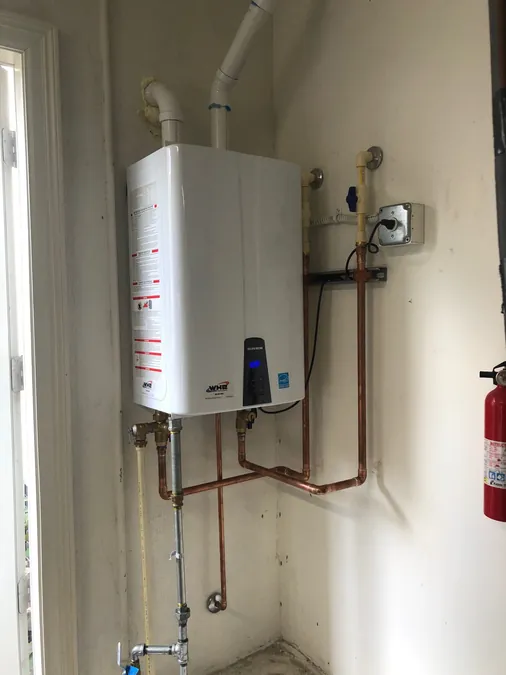 Navien high-efficiency tankless unit installed by JB Plumbing HVAC in a Reading PA home